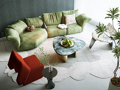 Modern Green Sofa Coffee Table Set with Marble Top Red Accent Chair and Potted Plants 3d model
