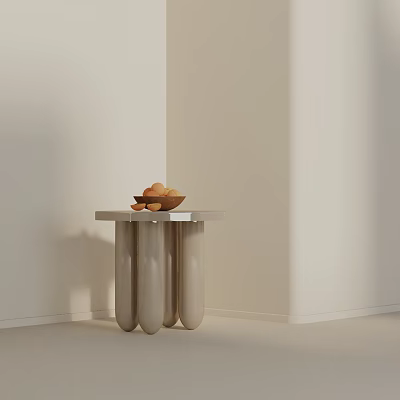Minimalist Modern Side Table With Cylindrical Metal Legs And Fruit Bowl In Light Interior 3d model