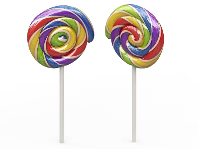 Two Bright Colorful Spiral Lollipops With Rainbow Swirls On White Sticks 3d model