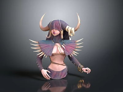 Man in horned costume with feathered shoulder details and decorative accessories 3d model