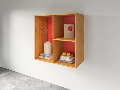 Wooden Wall Mounted Decorative Cabinet With White Vase Circular Painting Books And Yellow Fruits 3d model