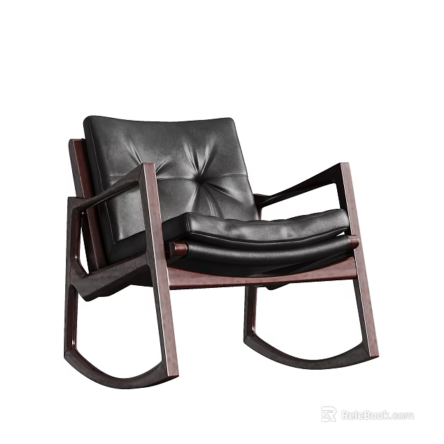 Stylish Black Leather Leisure Chair With Dark Wooden Rocking Frame Design 3d model 