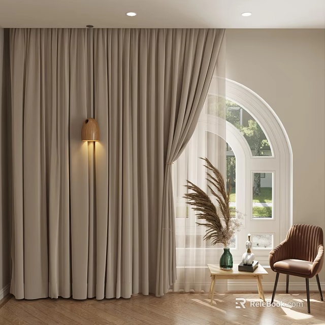 Beige Curtains With Arched Window Green Outdoor View Floor Lamp Pampas Grass And Accent Chair 3d model 