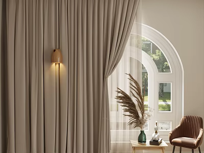 Beige Curtains With Arched Window Green Outdoor View Floor Lamp Pampas Grass And Accent Chair 3d model