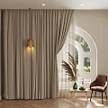 Beige Curtains With Arched Window Green Outdoor View Floor Lamp Pampas Grass And Accent Chair