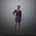 Woman In Purple Dress With White Collar Standing Hands On Hips Against Gray Background