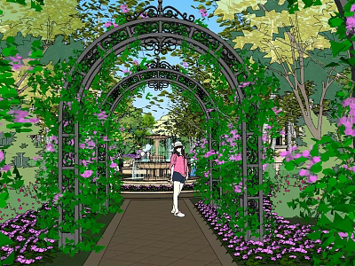 Garden Landscape Featuring Iron Archway Covered With Vines Purple Flowers And Stone Path 3d model