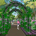 Garden Landscape Featuring Iron Archway Covered With Vines Purple Flowers And Stone Path