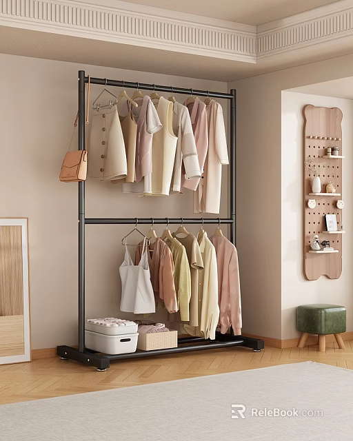 Double Layer Metal Clothes Rack With Light Colored Garments Storage Boxes And Wall Decor 3d model 