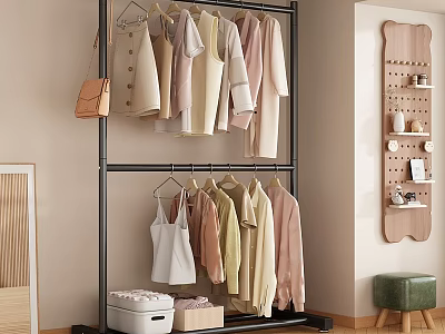 Double Layer Metal Clothes Rack With Light Colored Garments Storage Boxes And Wall Decor 3d model