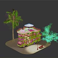 Green Double Decker Motorhome With Palm Tree Small Tree Bench Street Lamp In Outdoor Setting