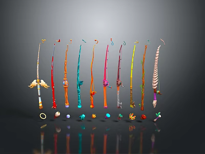 Vibrant Fishing Rods With Multicolored Designs Long Handles And Decorative Tips 3d model