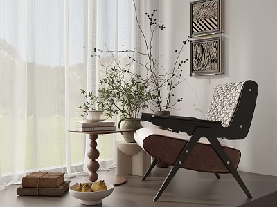 Cozy Accent Chair with White Curtains Green View Wall Art Side Table and Potted Plant 3d model
