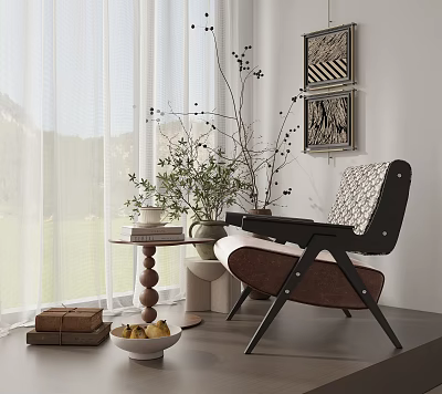Cozy Accent Chair with White Curtains Green View Wall Art Side Table and Potted Plant 3d model