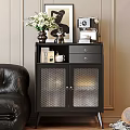 Black Living Room Sideboard with Mesh Doors Drawer and Coffee Machine Vase Decor
