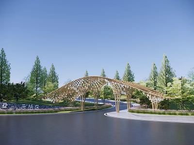Wooden Arched Entrance Gate With Surrounding Trees And Water Area Under Blue Sky 3d model