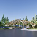 Wooden Arched Entrance Gate With Surrounding Trees And Water Area Under Blue Sky