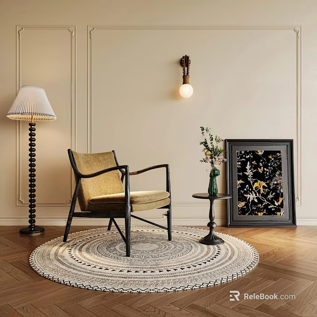 Elegant Beige Accent Chair With Black Frame On Patterned Rug By Floor Lamp Side Table And Wall Sconce 3d model 