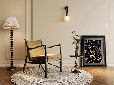Elegant Beige Accent Chair With Black Frame On Patterned Rug By Floor Lamp Side Table And Wall Sconce 3d model