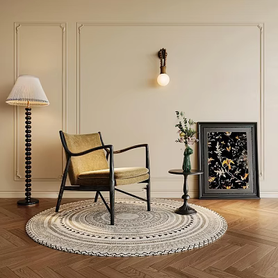 Elegant Beige Accent Chair With Black Frame On Patterned Rug By Floor Lamp Side Table And Wall Sconce 3d model