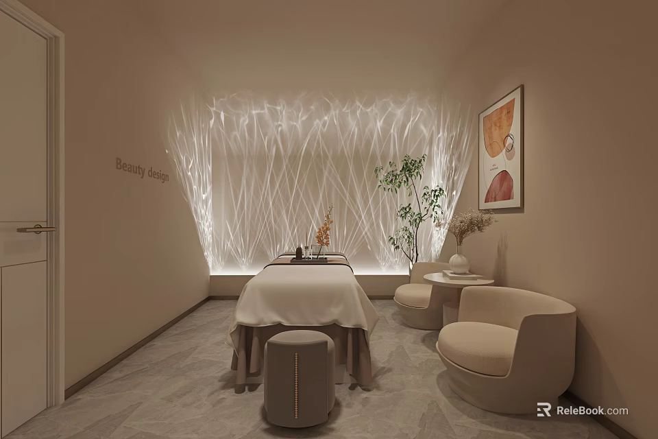 SPA Room with Beauty Bed Decorative Wall Lighting and Plant Chairs 3d model 