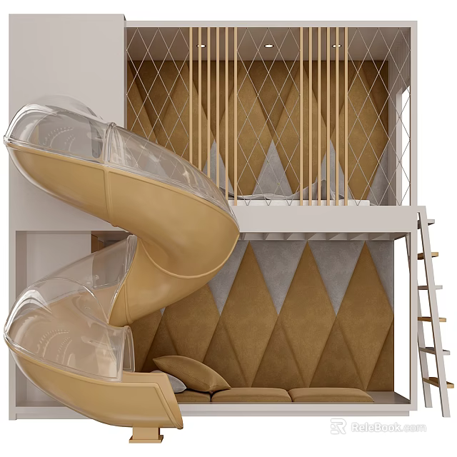 Modern Bunk Bed Design With Transparent Slide Ladder And Brown Diamond Patterned Walls 3d model 