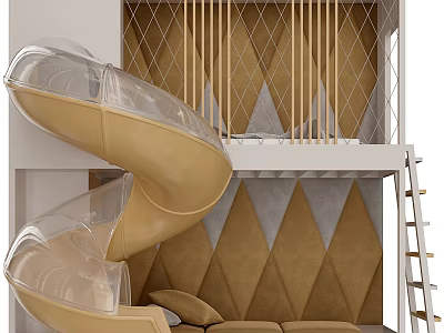Modern Bunk Bed Design With Transparent Slide Ladder And Brown Diamond Patterned Walls 3d model