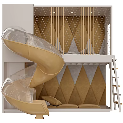 Modern Bunk Bed Design With Transparent Slide Ladder And Brown Diamond Patterned Walls 3d model