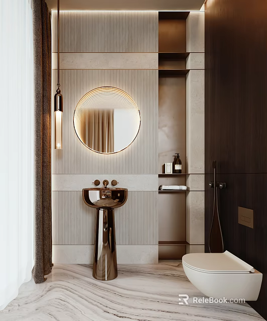 Elegant Modern Bathroom Interior With Circular Mirror Golden Sink Stone Wall Wooden Elements And Toiletries 3d model 