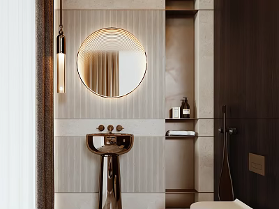Elegant Modern Bathroom Interior With Circular Mirror Golden Sink Stone Wall Wooden Elements And Toiletries 3d model