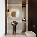 Elegant Modern Bathroom Interior With Circular Mirror Golden Sink Stone Wall Wooden Elements And Toiletries