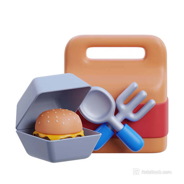 Fresh Hamburger In Open Gray Lunch Box With Blue Spoon Fork And Orange Carrying Case 3d model 