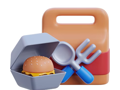 Fresh Hamburger In Open Gray Lunch Box With Blue Spoon Fork And Orange Carrying Case 3d model