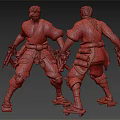 Two Character 3D Models With Traditional Red Outfit Brown Armor Dual Guns Scroll Decorations