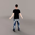 Man in Black V neck T shirt Blue Jeans Standing Against Grey Background holding device