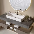 Modern Bathroom Vanity With Gray Countertop White Basin Round LED Mirror And Storage Towels