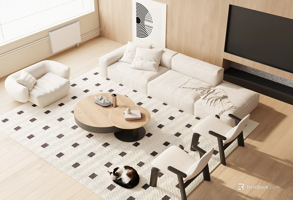 Modern Cream Sofa And Wooden Coffee Table Set With Cushions In Living Room Natural Light 3d model 