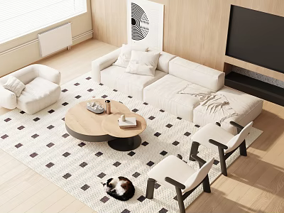 Modern Cream Sofa And Wooden Coffee Table Set With Cushions In Living Room Natural Light 3d model