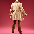 Vintage Plaid Long Coat Outfit with Vest Shirt Bow Tie Brown Pants on Red Background