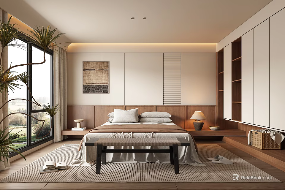 Minimalist Modern Bedroom Interior With Bed Bench Window Plants Artwork And Rug 3d model 