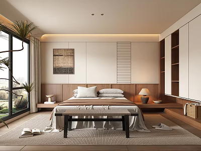 Minimalist Modern Bedroom Interior With Bed Bench Window Plants Artwork And Rug 3d model