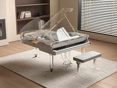 Transparent Acrylic Musical Instrument Piano With Clear Frame And Bench For Interior Decor 3d model