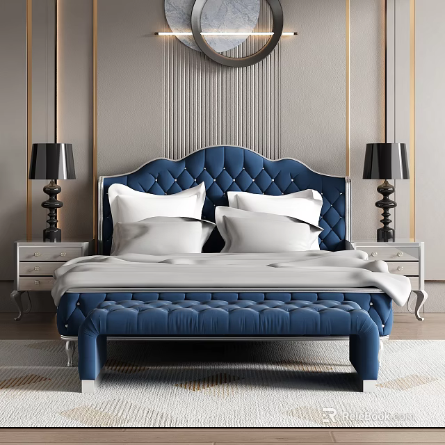 Luxurious Bedroom With Blue Tufted Headboard White Pillows Nightstands And Table Lamps 3d model 
