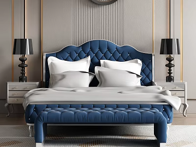 Luxurious Bedroom With Blue Tufted Headboard White Pillows Nightstands And Table Lamps 3d model