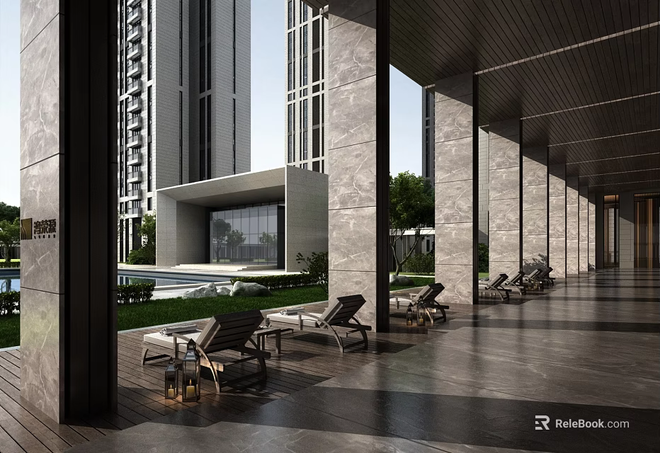 Elevator Corridor With Tall Columns Grey Tiled Floor Lounge Chairs Green Plants And Swimming Pool 3d model 