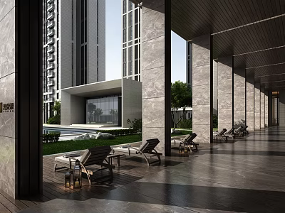 Elevator Corridor With Tall Columns Grey Tiled Floor Lounge Chairs Green Plants And Swimming Pool 3d model