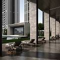 Elevator Corridor With Tall Columns Grey Tiled Floor Lounge Chairs Green Plants And Swimming Pool