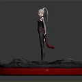 White Haired Female Warrior Wielding Red Glow Spear in Black Outfit on Rocky Platform