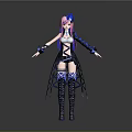 3D Character Model With Pink Purple Hair Blue Headdress Black White Blue Outfit And Black Boots