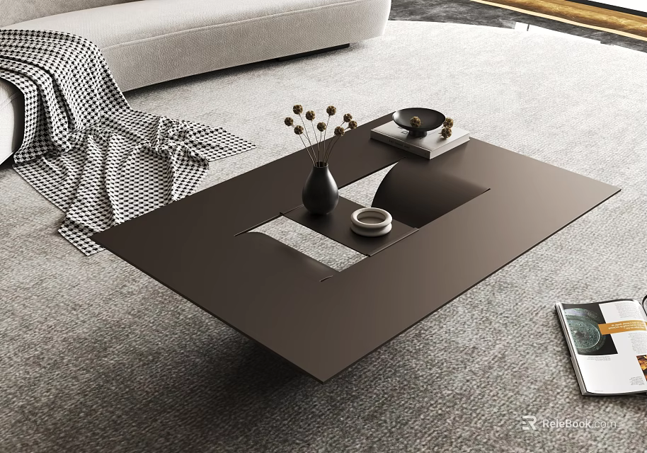 Modern Dark Coffee Table with Vase Tray and Magazine in Living Room 3d model 